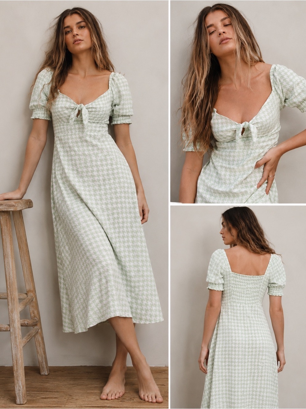 Roxy Mint Gingham Tie-Front Midi Dress